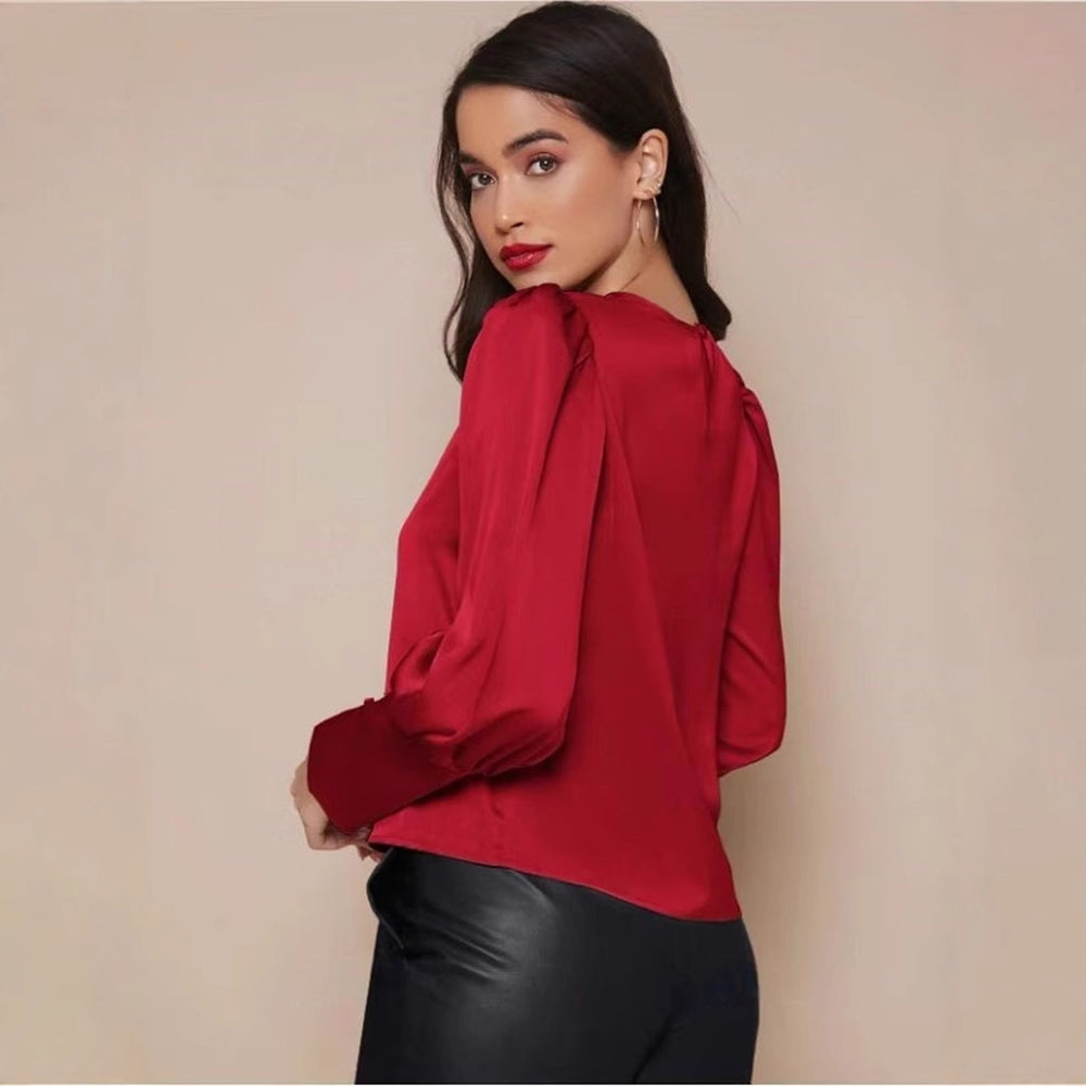long-sleeved satin shirt for women spring and summer export independent station lantern sleeve satin shirt tops