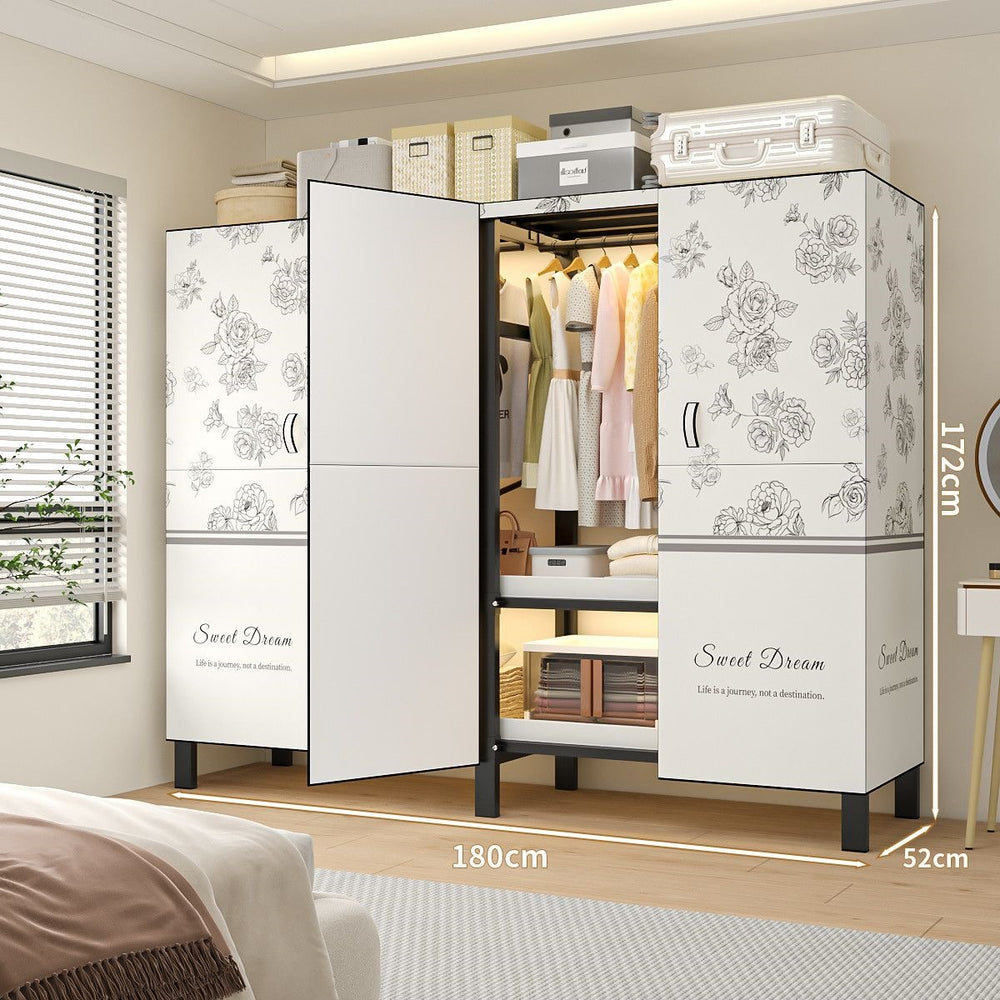 Easy-to-assemble, foldable wardrobe for bedrooms, ideal for home use or rental properties. dustproof, moisture-proof, with reinforced construction, fully sealed, and mildew-resistant. features a convenient swing-out door
