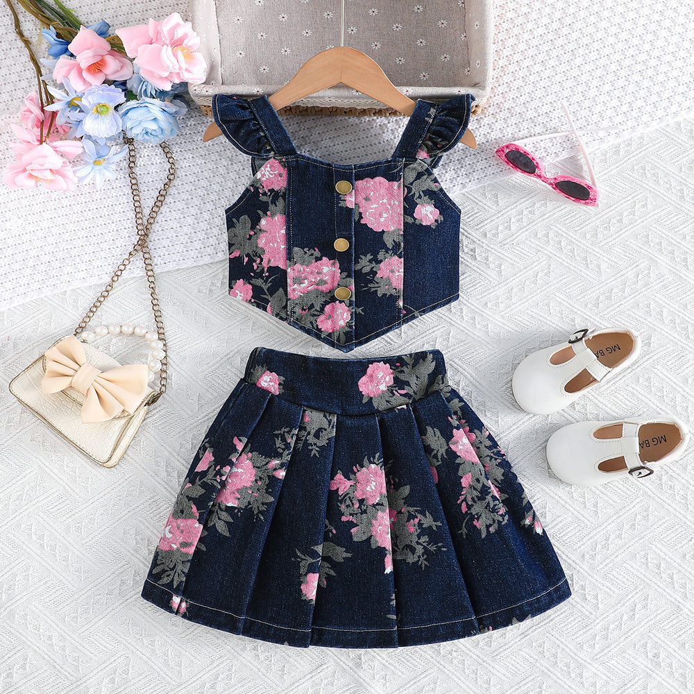 girls' summer denim outfit: sweet floral print cami top + pleated mini skirt