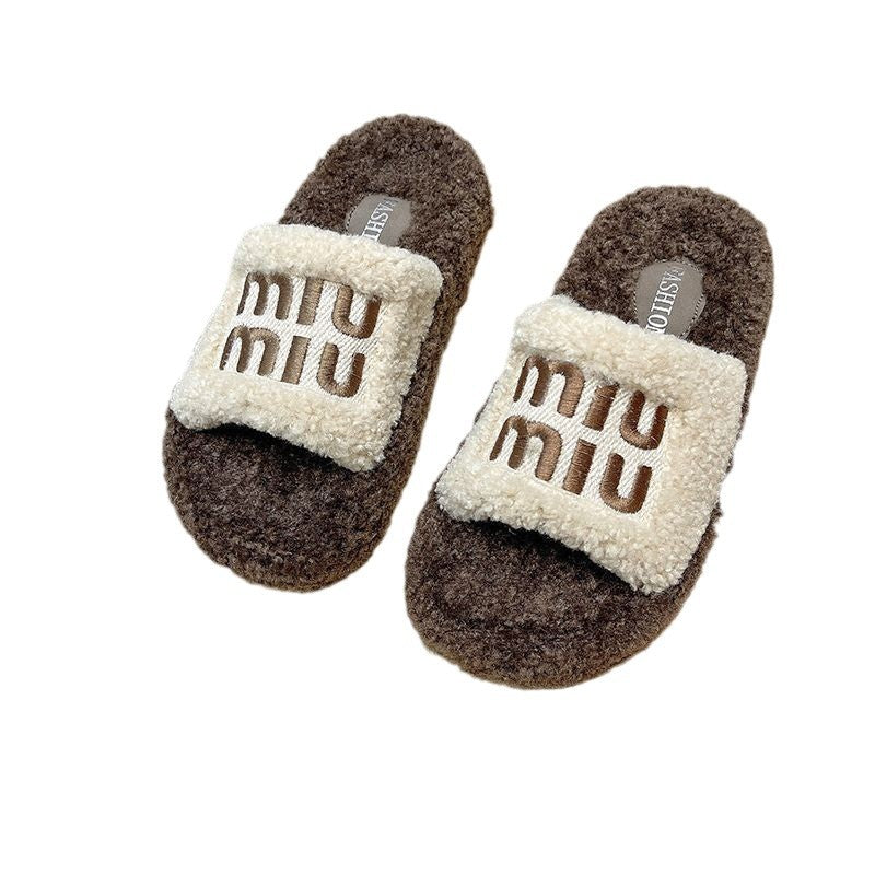 Thick sole leopard print fur slippers for women outwear2024fall and winternew arrivalpopular soft bottom home one-line cotton slippers