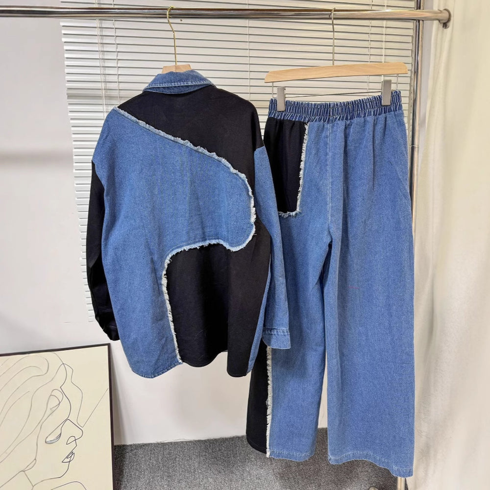 Hong kong style retrocasualsuit women's k-stylecontrast colorpatchwork denim shirt + high waistlooseloose pantstwo-piece set