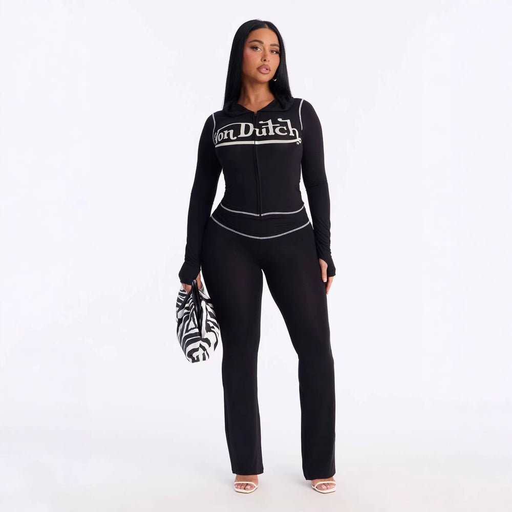 European and american  new fashion sporty slim-fit printed letter long sleeve jacket and tight-fitting pants two-piece tracksuit set