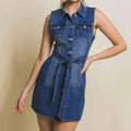 fashion elegant denim dress women's summer  new arrival lapel sleeveless waist slimming lookshort