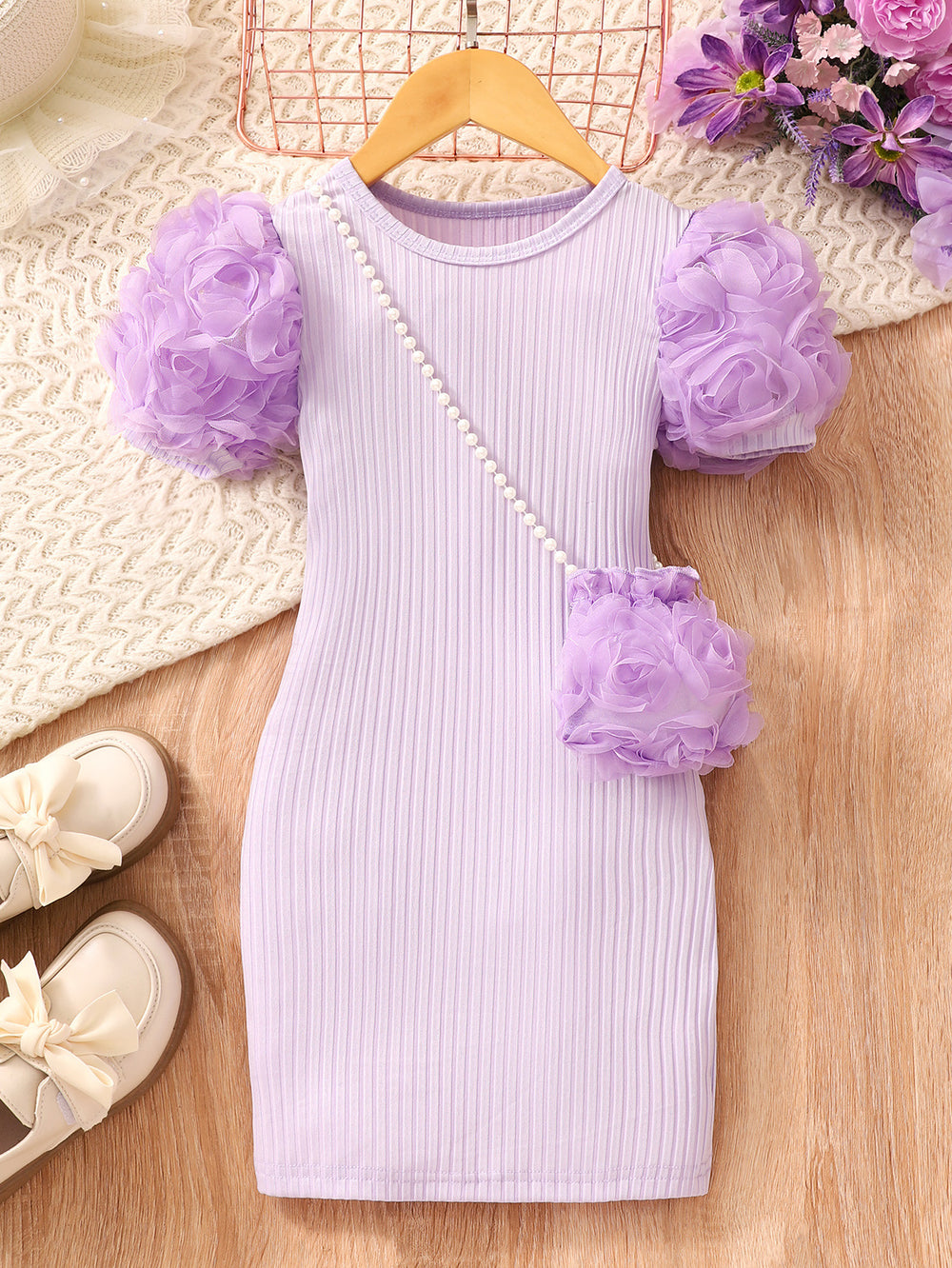 Children's flower short-sleeved dress + flower shoulder bag
