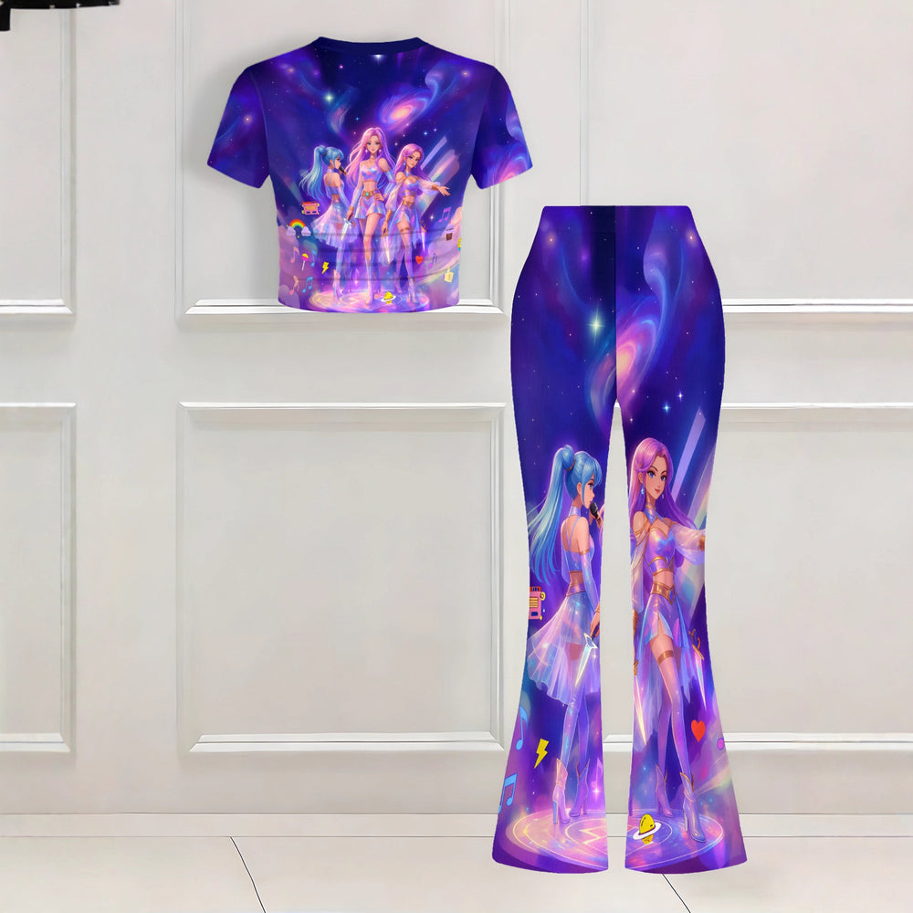 Girl's two-piece set featuring a short-sleeved top and long, flared pants. cute, playful, and lively style with a unique design