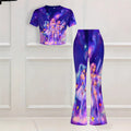 Girl's two-piece set featuring a short-sleeved top and long, flared pants. cute, playful, and lively style with a unique design