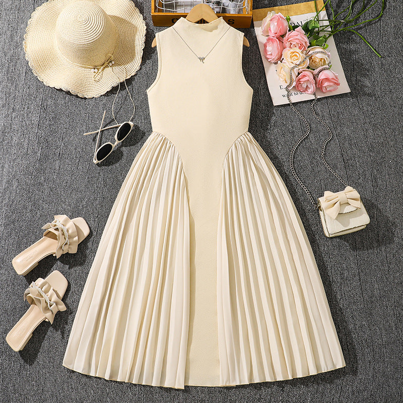 girls' summer dress,  new style, foreign trade european and american style, elegant pleated patchwork, cinched waist, sleeveless formal dress