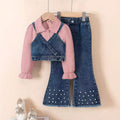 new autumn cross-border girls' collared shirt, denim vest, beaded denim flare pants three-piece set