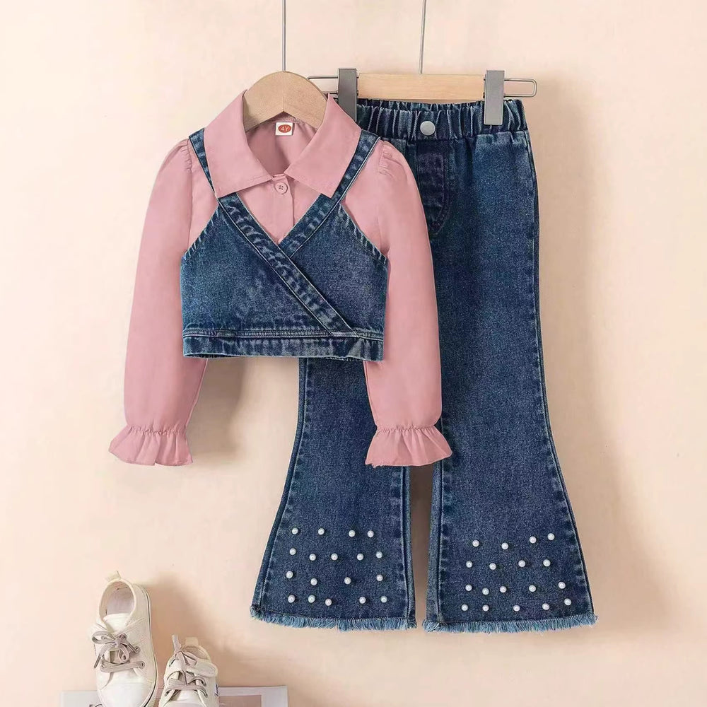 new autumn cross-border girls' collared shirt, denim vest, beaded denim flare pants three-piece set