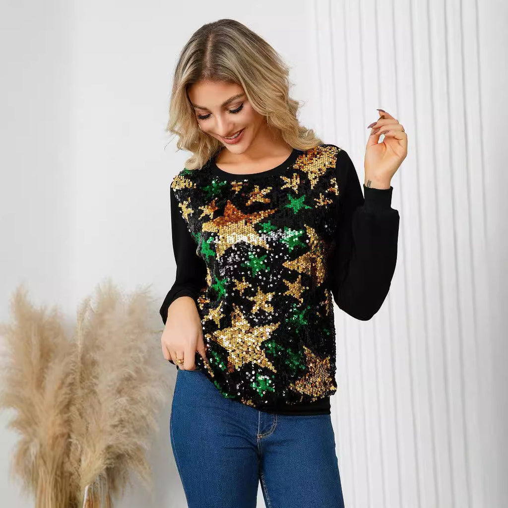 10526 European and American  women's long-sleeved top, five-pointed star pattern sequin fine flash Christmas party temperament sweater