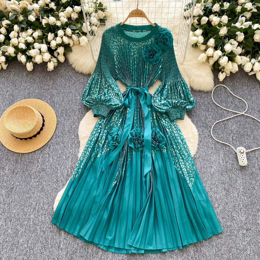 Palace style classyprinting lantern sleeve dress women's spring strap stereo flower pleated super fairy long skirt