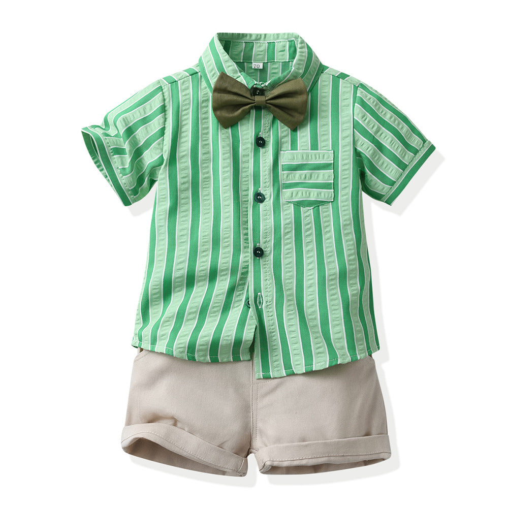First birthday outfit for baby boys: british gentleman style short-sleeve set - boys' striped shirt and pants set