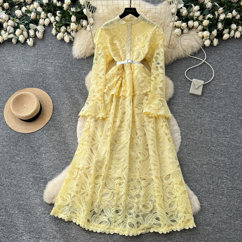 Light mature style classyelegancelacelong sleevesdressfemalefrenchheavy industry crochet waist silmlong skirt dress