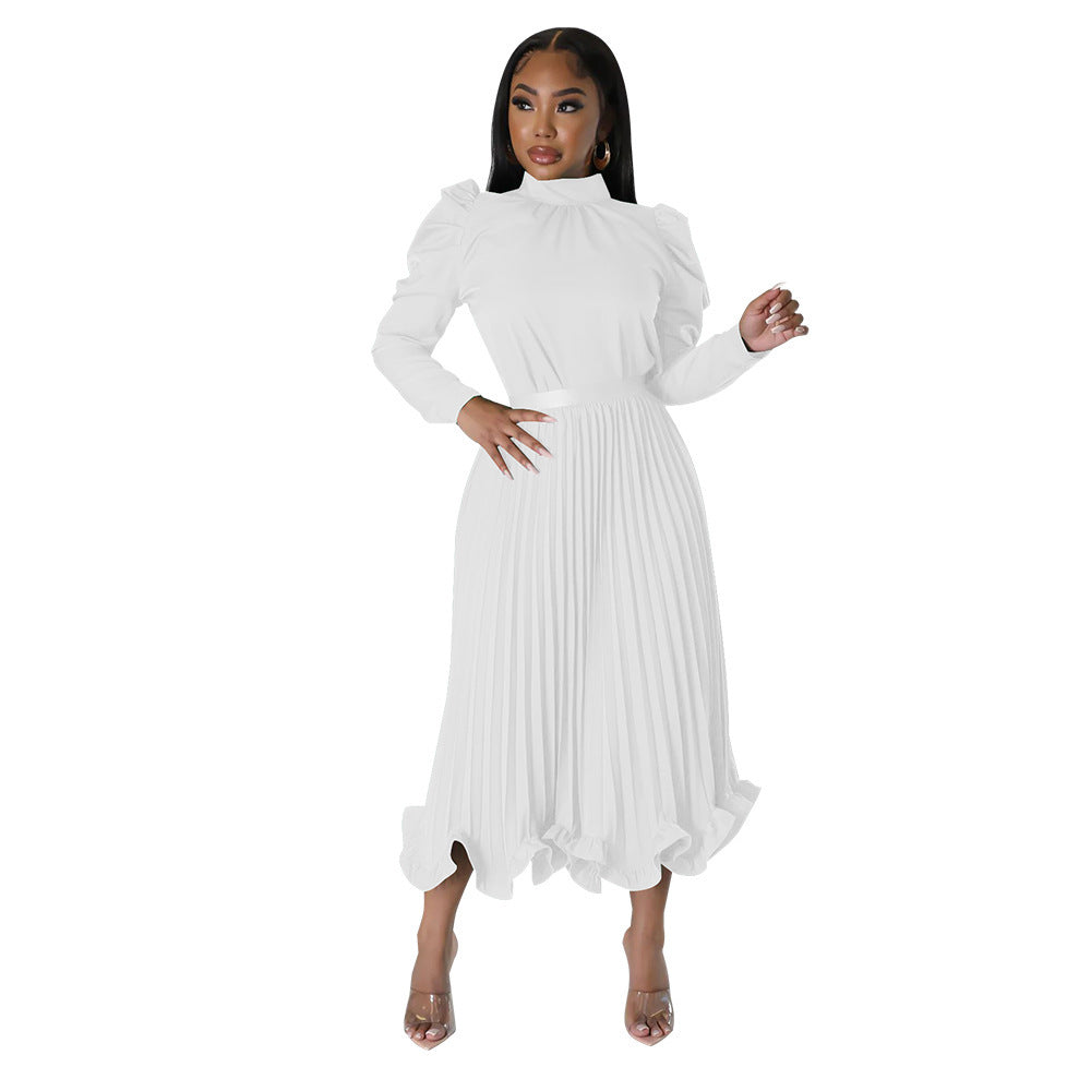 Q102 independent station cross-border women's winter puff sleeve topsruffles pleated skirt two-piece setfashionsuit