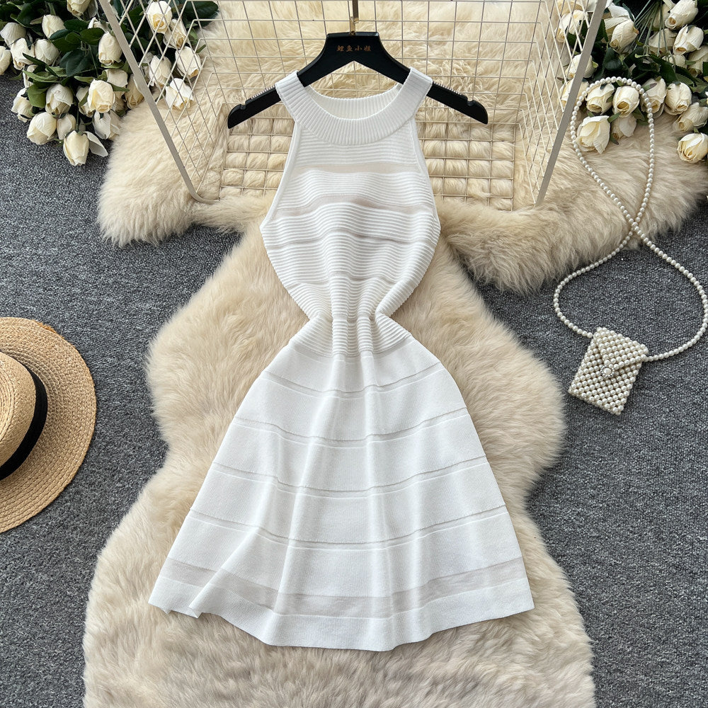 K-stylestripescut out sleeveless knittingdress women's summerhigh waist a-line skirtwork clothingclassyelegant skirt