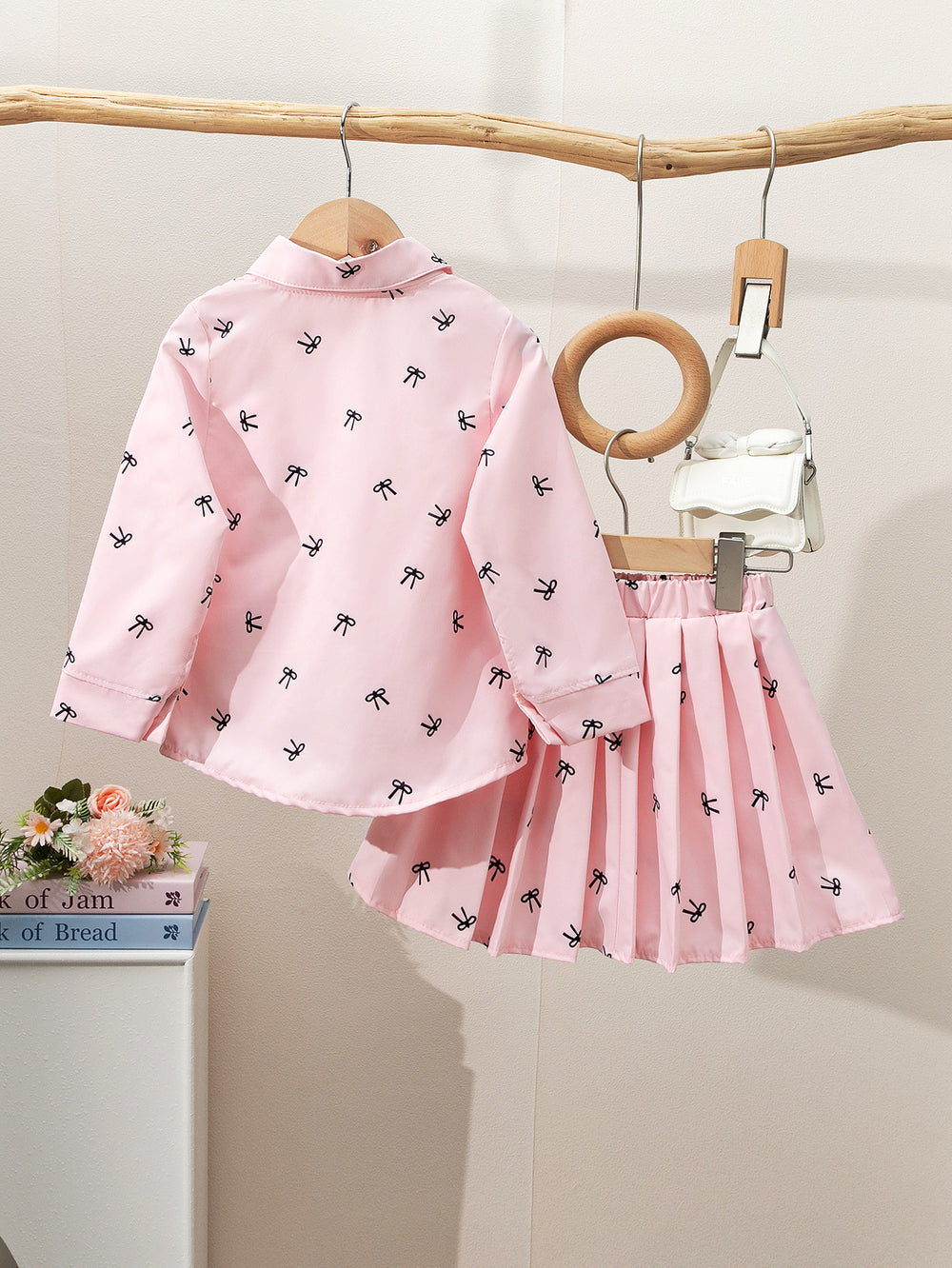 Girls' fashion bow-tie print outfit set - 3-piece cami top + collared blouse & skirt set