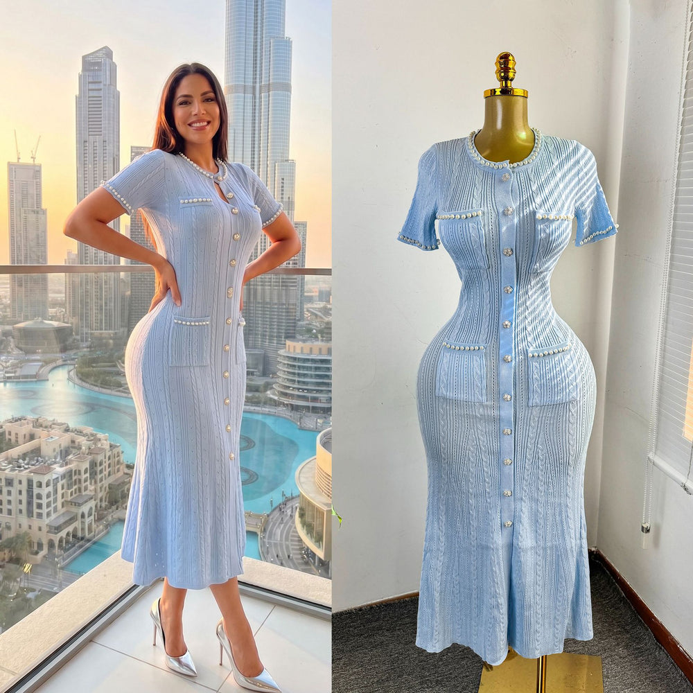 Export women's french tweed style elegance celebrity silm short-sleeved knittingdress beaded fishtail mid-length skirt