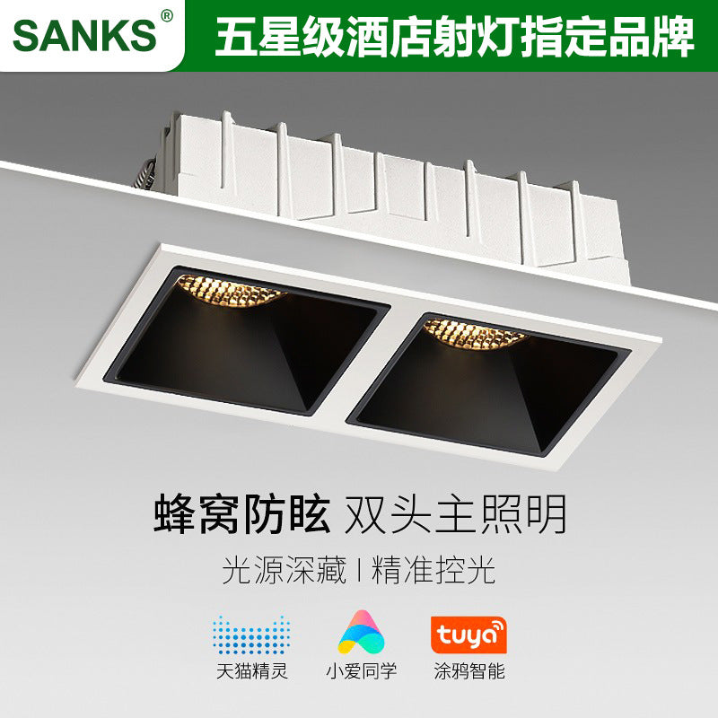 Three pine double-headed square spotlight COB embedded honeycomb narrow-sided anti-glare living room grille light No main light lighting