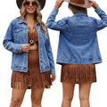 Plus size women's classic turn-down collar denim jacket, long sleeve casual basic blue denim outerwear
