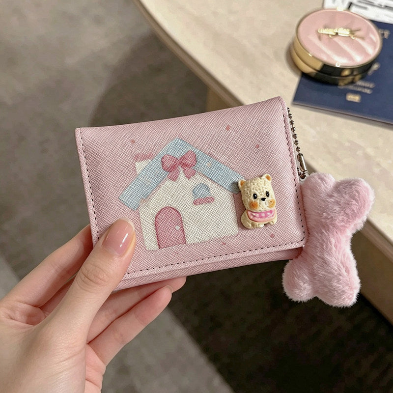 Korean style short wallet multifunctional card holder cute cartoon foldable multi-card slot leather wallet student high-value design