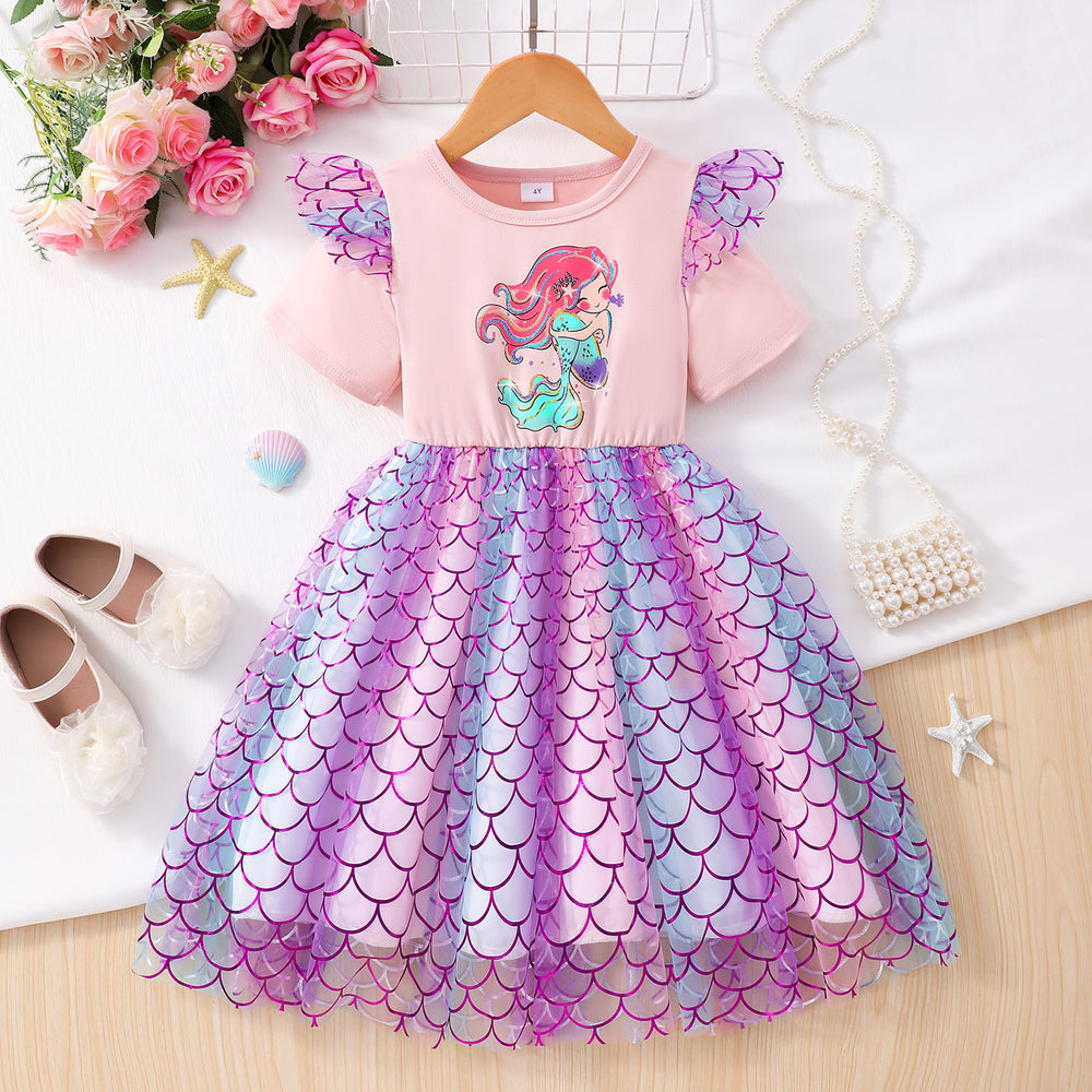 Girls' dress for toddlers and young children, printed short-sleeve mesh dress