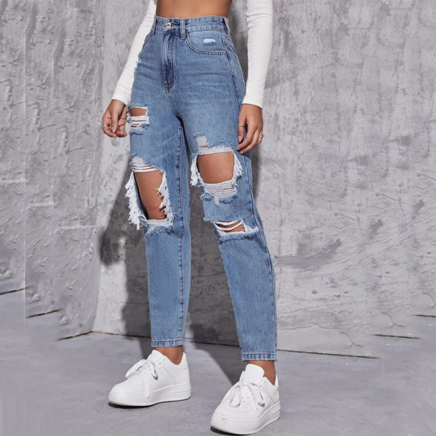Personalizedjeans women's hot-selling exportfashion worn-out straight-leg pants fashioncasual ripped washed jeans