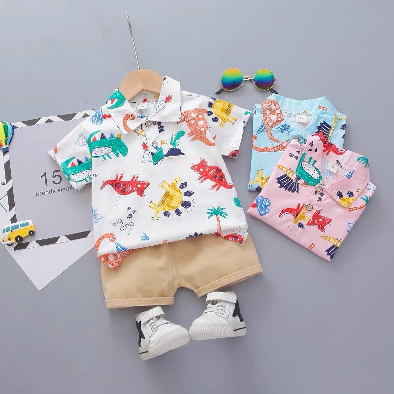 Boys' summer short-sleeve set: stylish kids' summer outfit, casual short-sleeve and shorts two-piece set, korean style baby clothes, trendy