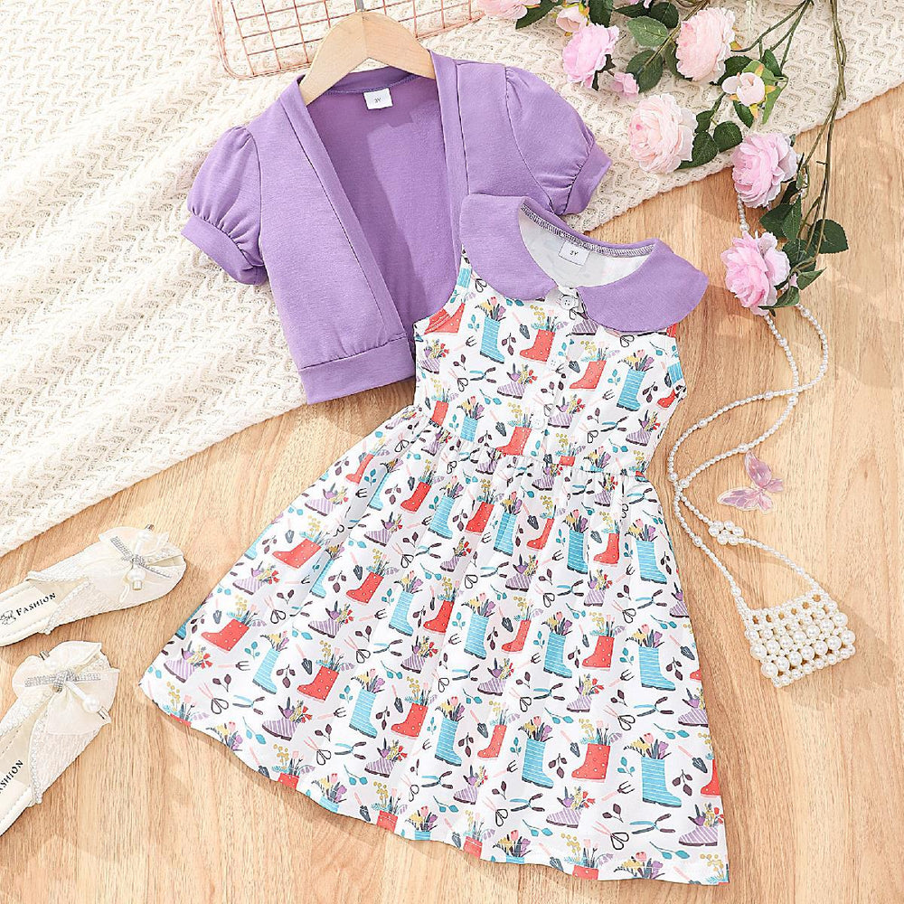 Kids' two-piece set: solid color jacket & printed dress