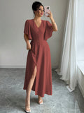 cross-border fashion: european & american  style - elegant deep v-neck solid color single-breasted waist-cinching women's short-sleeve top