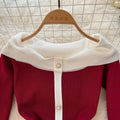 Autumn/winter elegant color block off-the-shoulder long sleeve single-breasted waist-defining knit dress - women's french style sweater dress