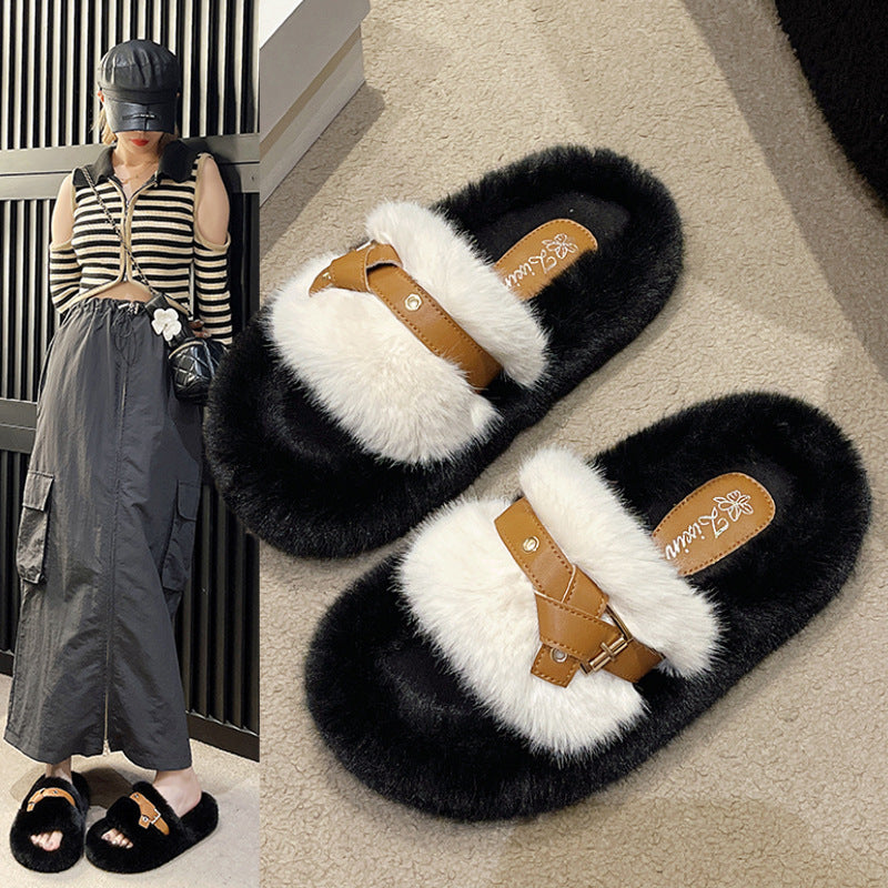 Fuzzy slippers women's premium outdoor wear 2024 new autumn/winter cotton slippers indoor home one-strap slides fluffy