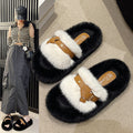 Fuzzy slippers women's premium outdoor wear 2024 new autumn/winter cotton slippers indoor home one-strap slides fluffy