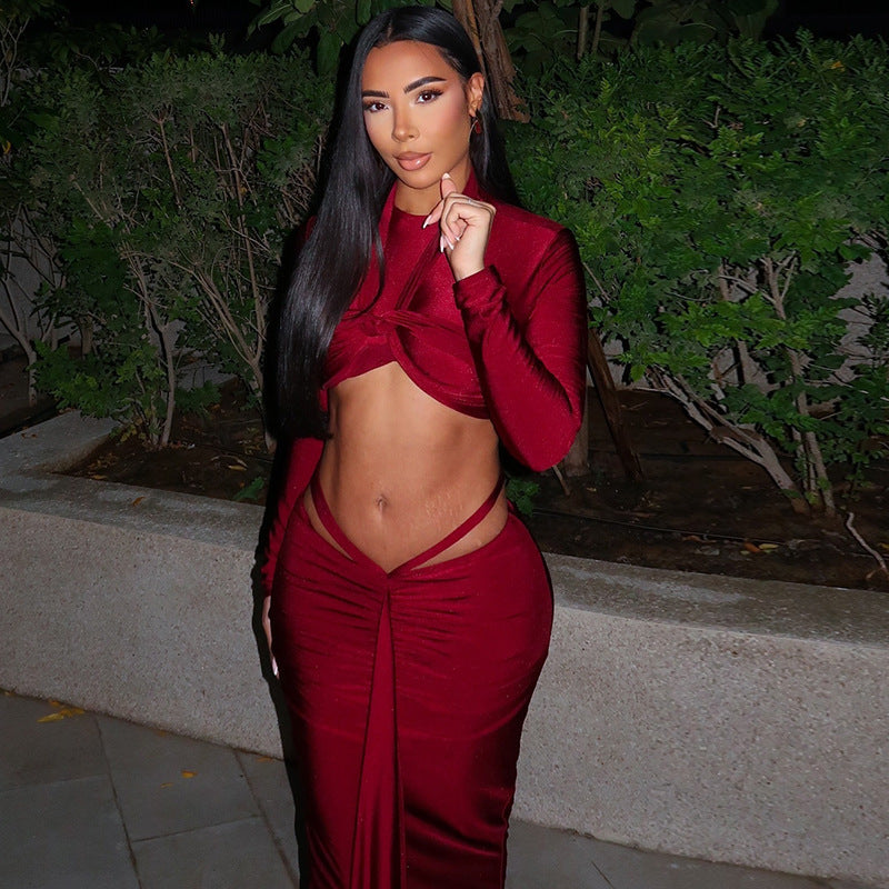 European and American  women's clothing solid color fashion sexy skirt set long sleeve long skirt round neck slim wear thin two-piece set