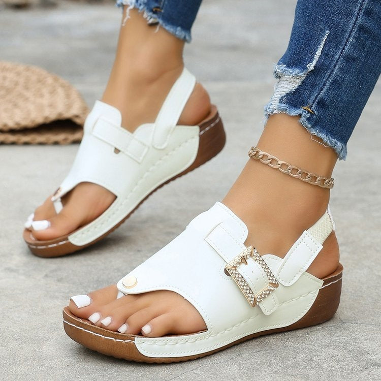 wedge heel stitching open toe beach sandals european size exportplus sizethick sole belt buckle flip-flops for women