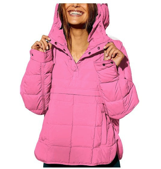 European and american  new casual fashion solid color cotton padded jacket, loose fit long sleeve pullover hoodie with round hem top