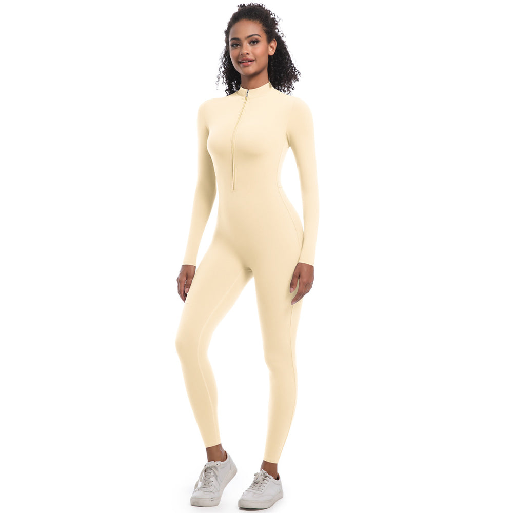 New arrival cross-border fashion half-open zipper tight pure color high elastic long yoga wear fitness running sports jumpsuit