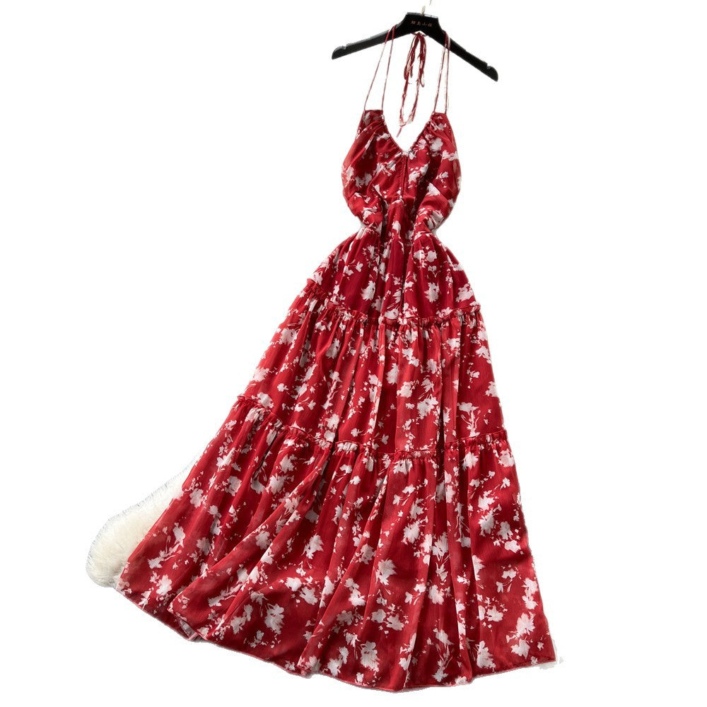 French holiday style red floral suspender dress women's summer pure desire backless sleeveless a-line elegant long skirt slimming look