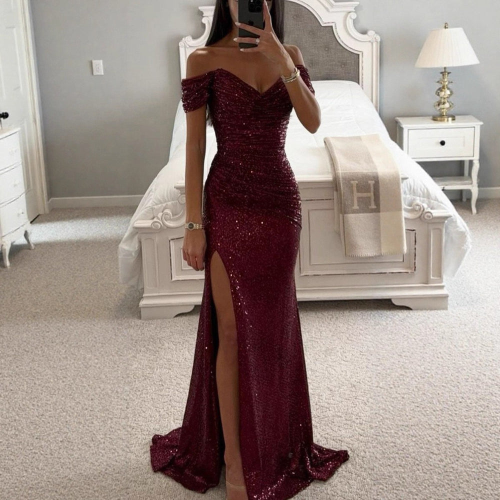 european and american new arrival sequin off-the-shoulder slit dress - ins casual fashion women's dress