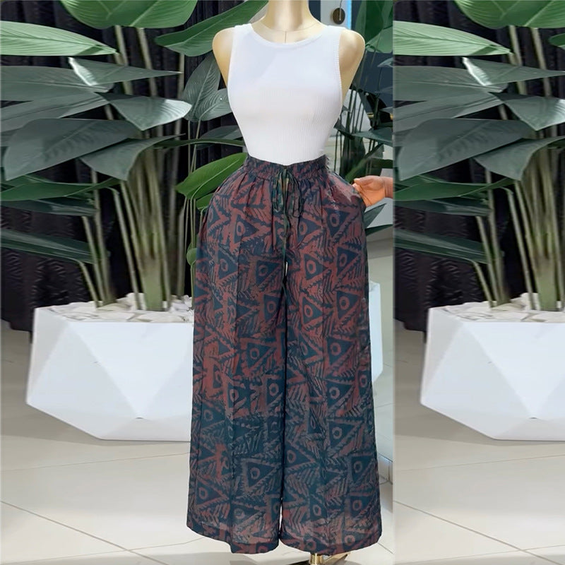 European and american women's clothing  autumn new sweet and fresh printed drawstring design high-waisted slimming wide-leg pants