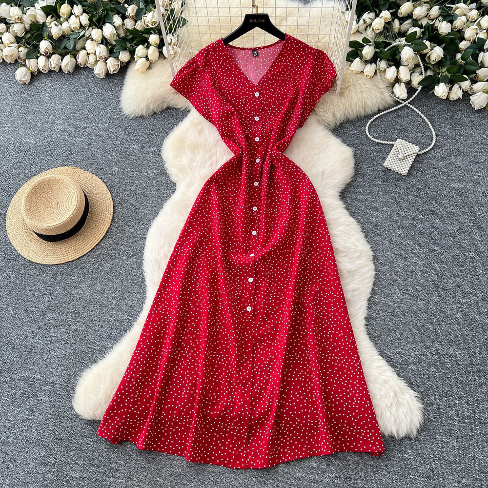 French retro v-neck flutter sleeve fitted waist dress - women's 2025 summer slimming elegant single-breasted floral maxi dress