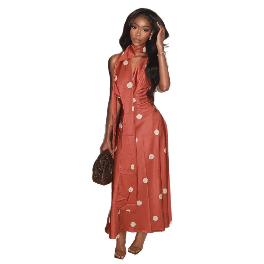 European and american cross-border women's fashion  summer new sexy chic polka dot choker slim fit long sleeveless dress