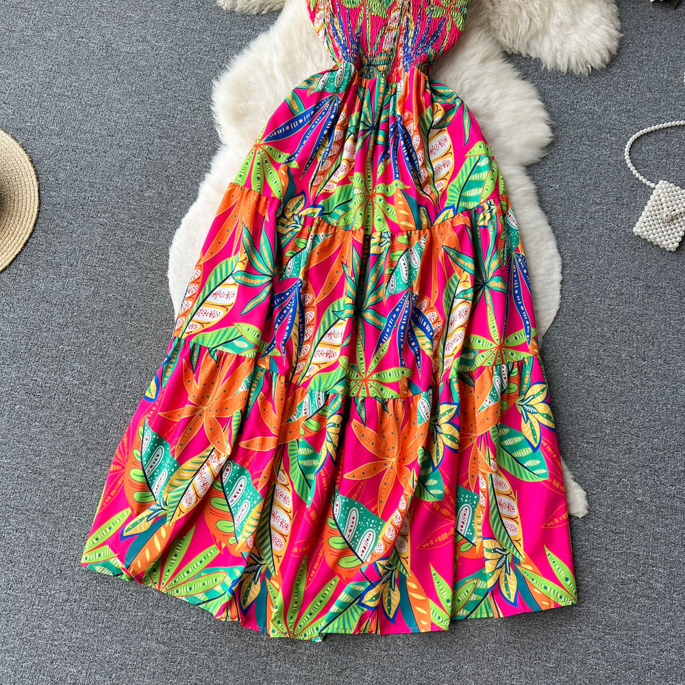 Hainan sanya travel & leisure dress - new summer collection: strapless bandeau, off-the-shoulder, cinched waist, maxi swing, printed dress for women