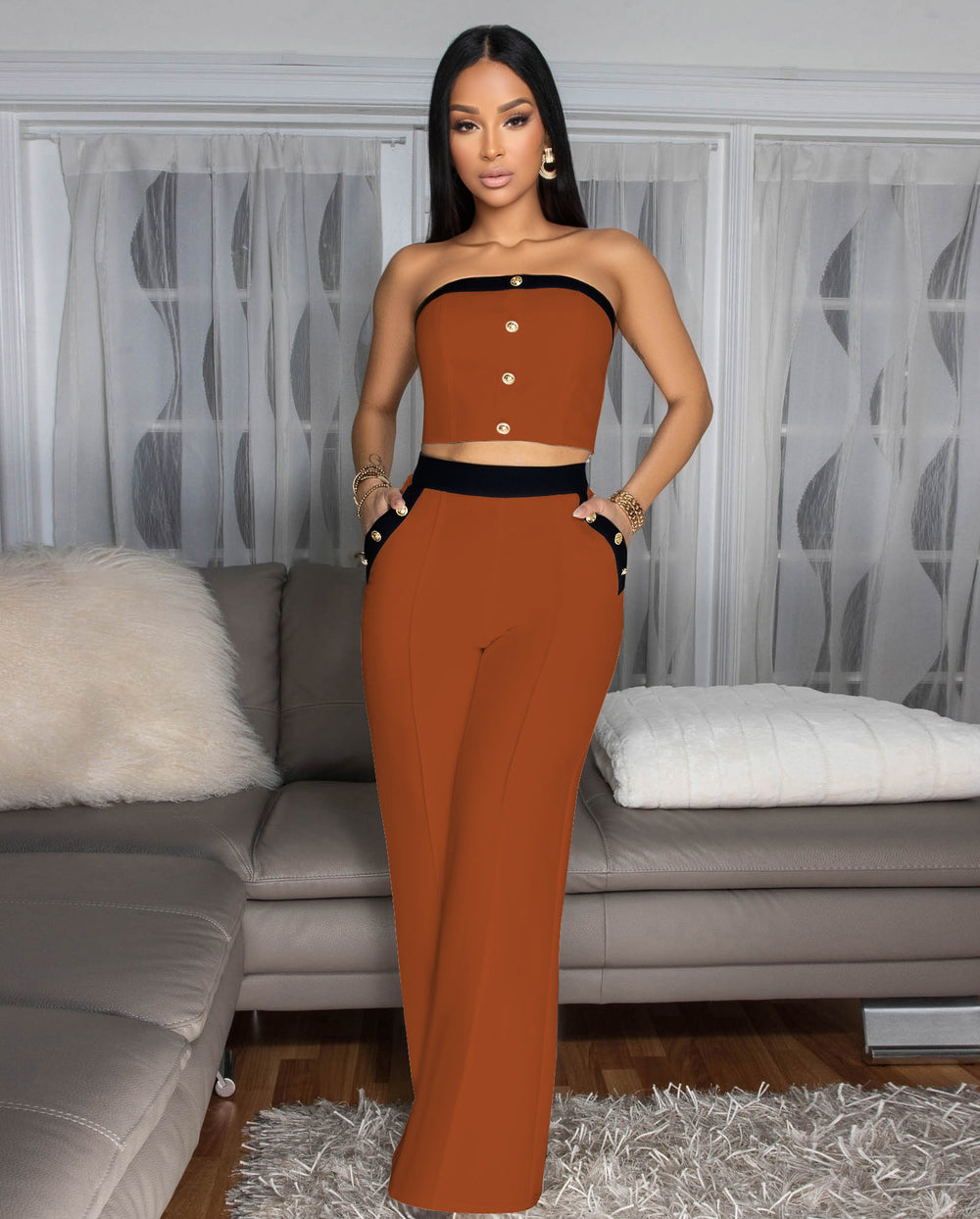 Amazon fashionsexy color matching chest wrap decorative buttons straight-leg high waist wide-leg women's pants suit