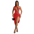 C6968 cross-border   independent station fashion fashion women's net rhinestone medium longdress
