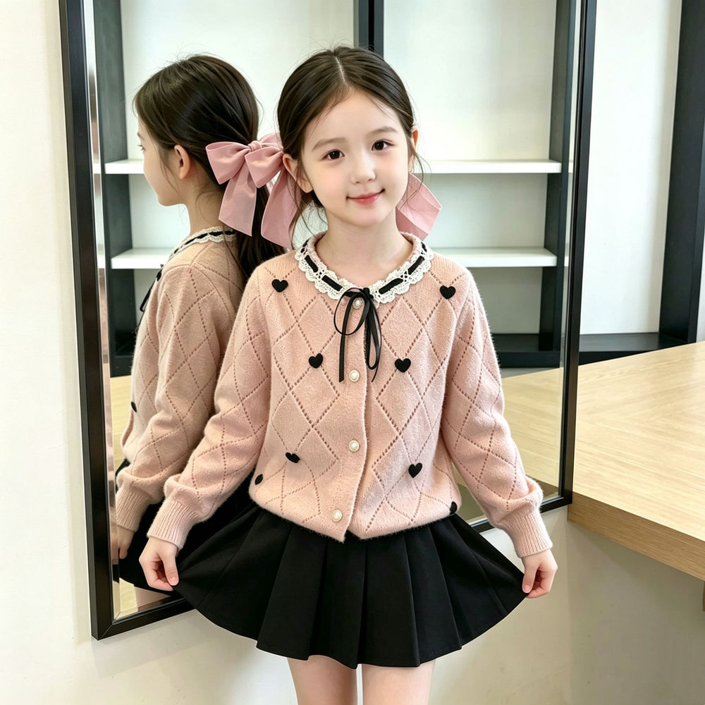 Girls' outfit:  autumn/winter new collection - skirt set with round neck, heart-shaped bow, lace knit cardigan, and stylish two-piece design