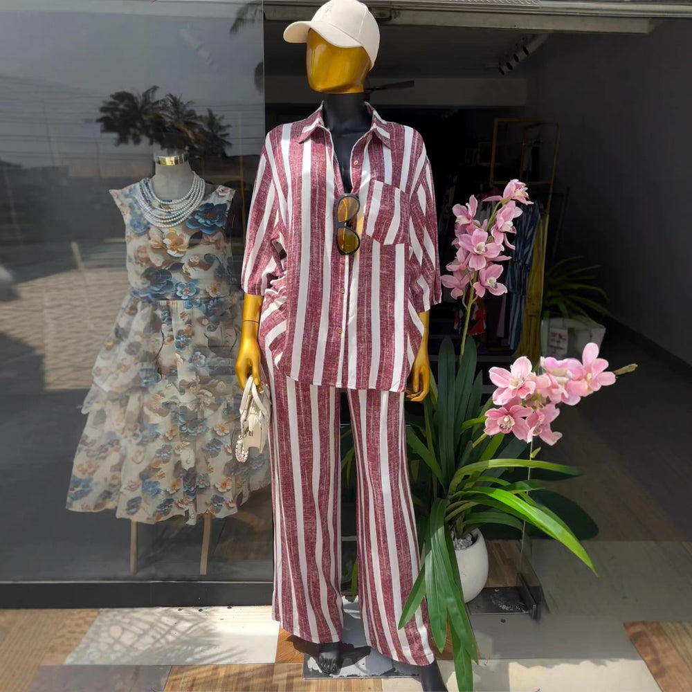 European and american cross-border women's fashion:  summer new collection - stylish turn-down collar loose striped shirt & high-waisted trousers casual set