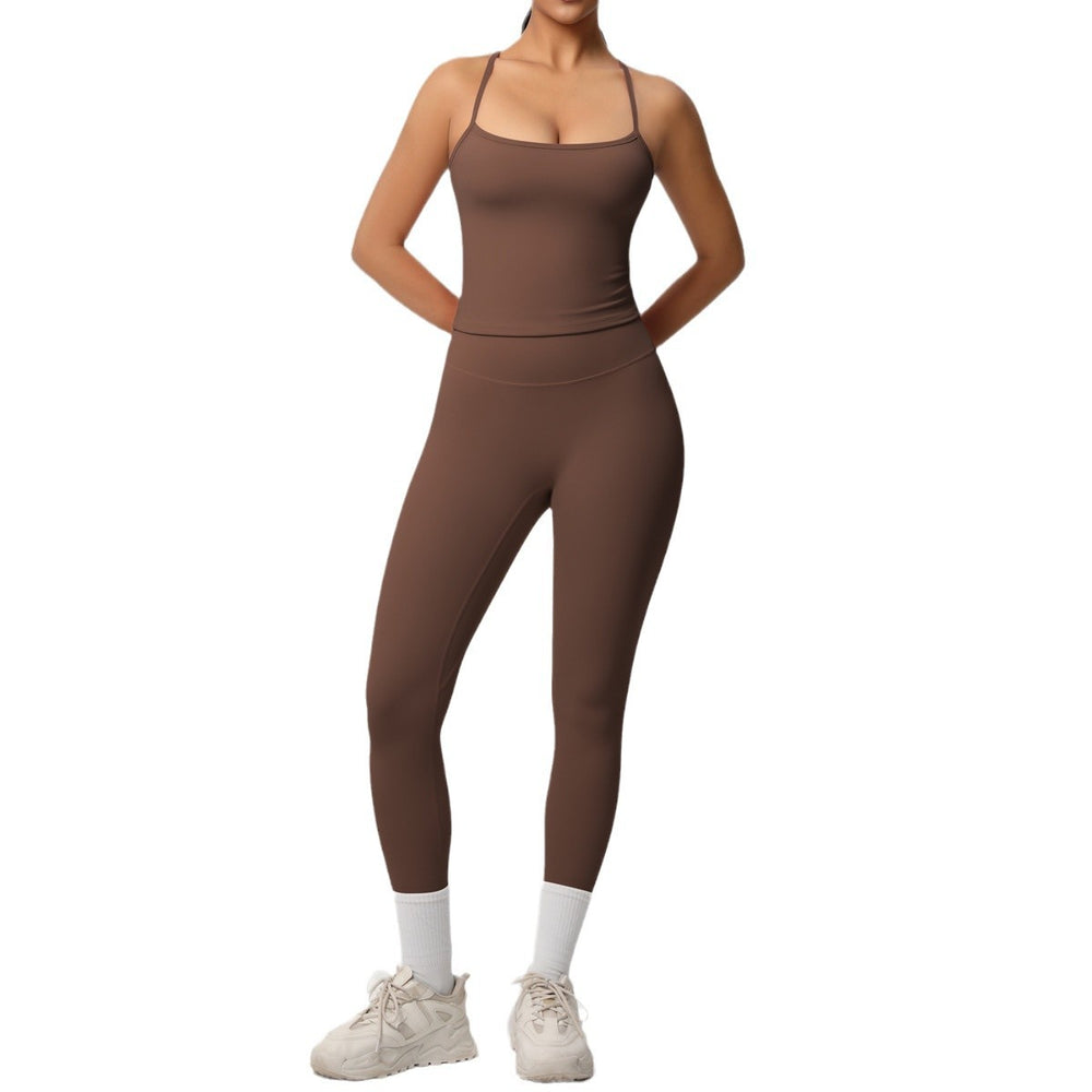 Ready-to-ship, solid color, nude-feel, double-sided brushed, racerback, form-fitting activewear yoga set – perfect for running and fitness. two-piece set