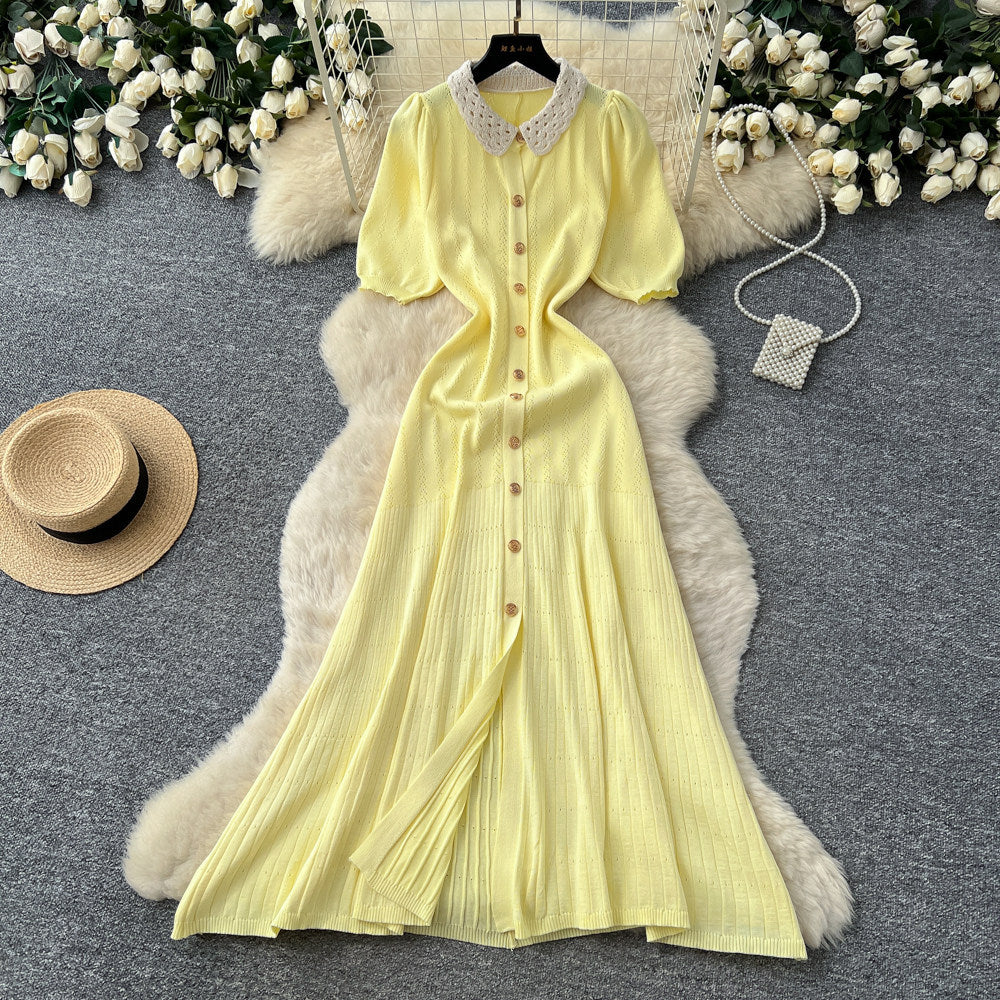 French chic knitted dress - women's summer single-breasted pleated design, elegant, unique, and sophisticated maxi dress