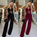 C7499 cross-border   fashion women's v-neck decorative buckle belt top and pants set