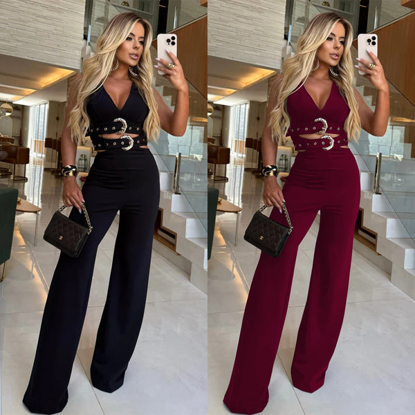 C7499 Cross-border   European and American fashion women's clothing v-neck decorative buckle belt top trousers set